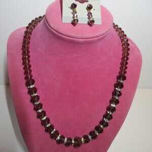 New Crystal Necklace & Earrings, Purple & Clear Faceted Beads Choker Murano NWT